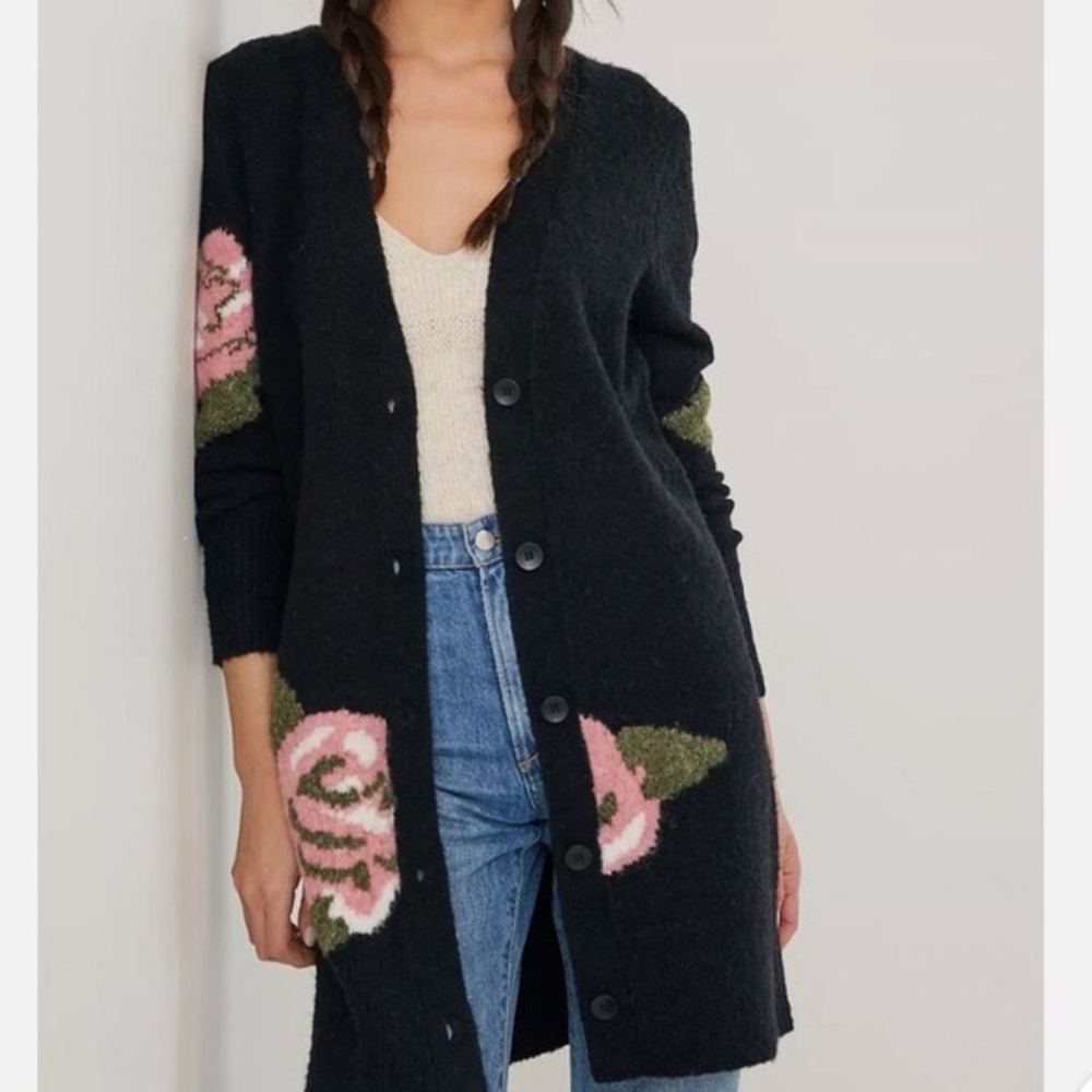 Anthropologie Black Floral Cardigan